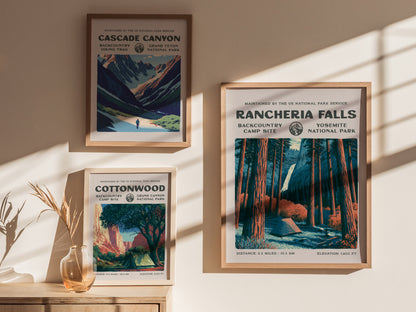 Rancheria Falls, Yosemite National Park Poster | Hiker Gift | Backcountry Trail Wall Art — styled in a modern interior