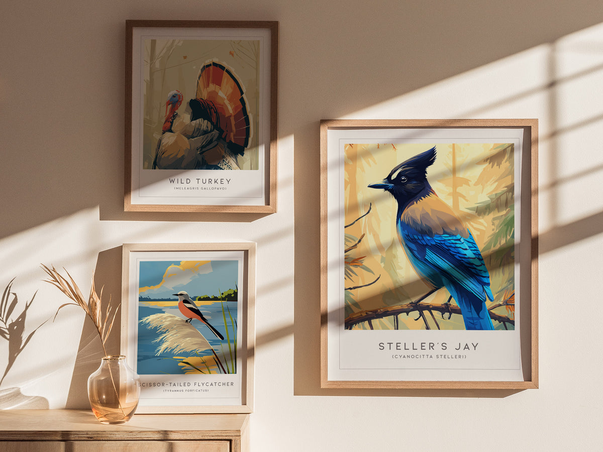 Steller's Jay, Cyanocitta stelleri Poster | Bold Mountain Bird Wall Art — styled in a modern interior