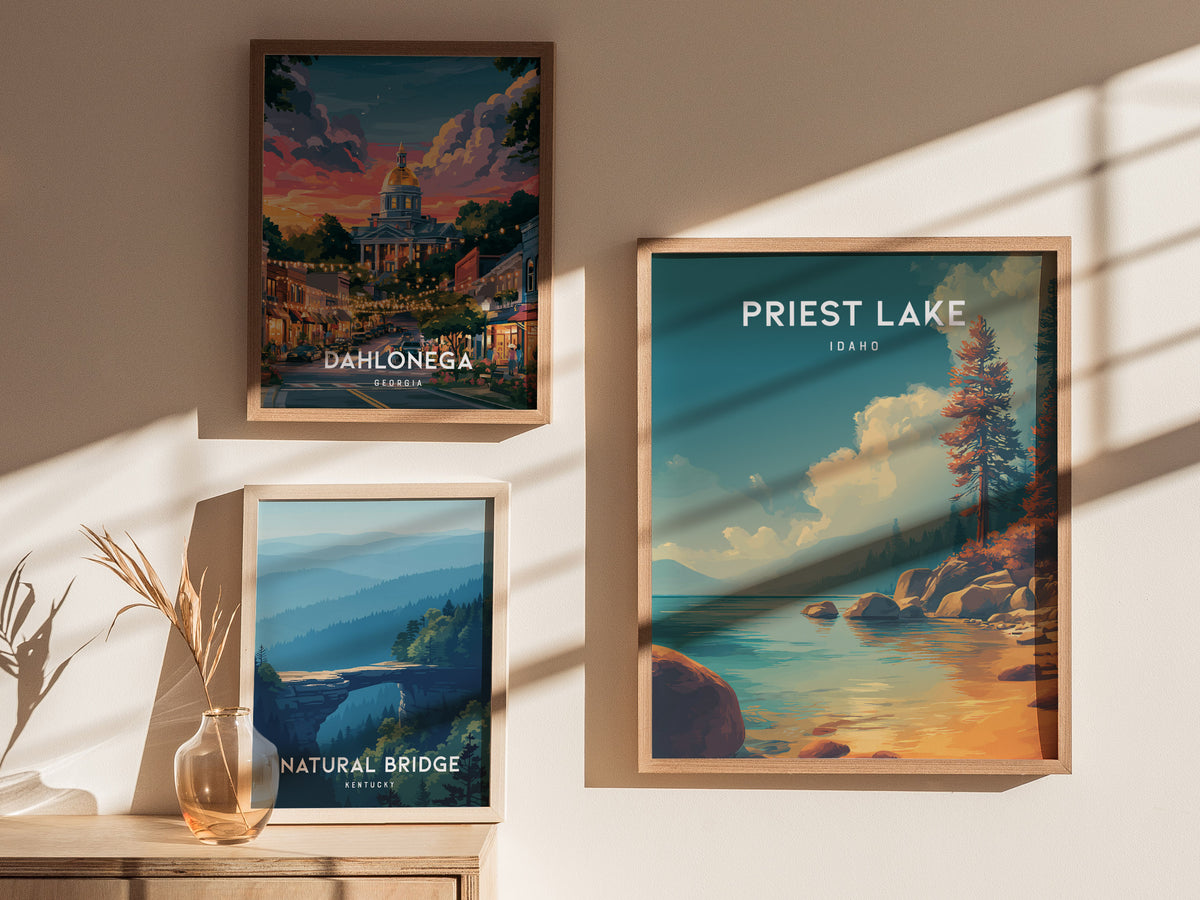 Priest Lake, Idaho Poster | Mountain Lake Retreat Framed or Unframed Wall Art — styled in a modern interior