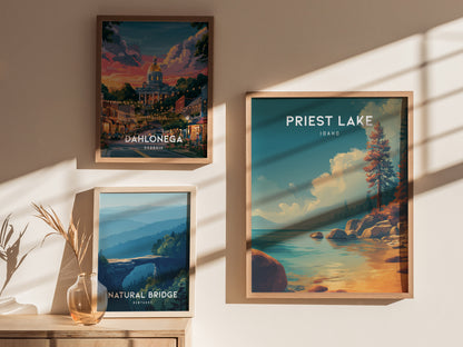 Priest Lake, Idaho Poster | Mountain Lake Retreat Framed or Unframed Wall Art — styled in a modern interior