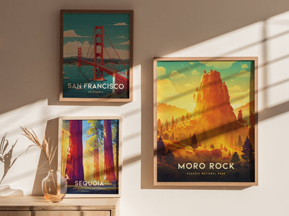 Three framed posters are displayed on a wall with sunlight and shadows. The posters feature San Francisco, Moro Rock in Sequoia National Park, and tall trees in Sequoia.