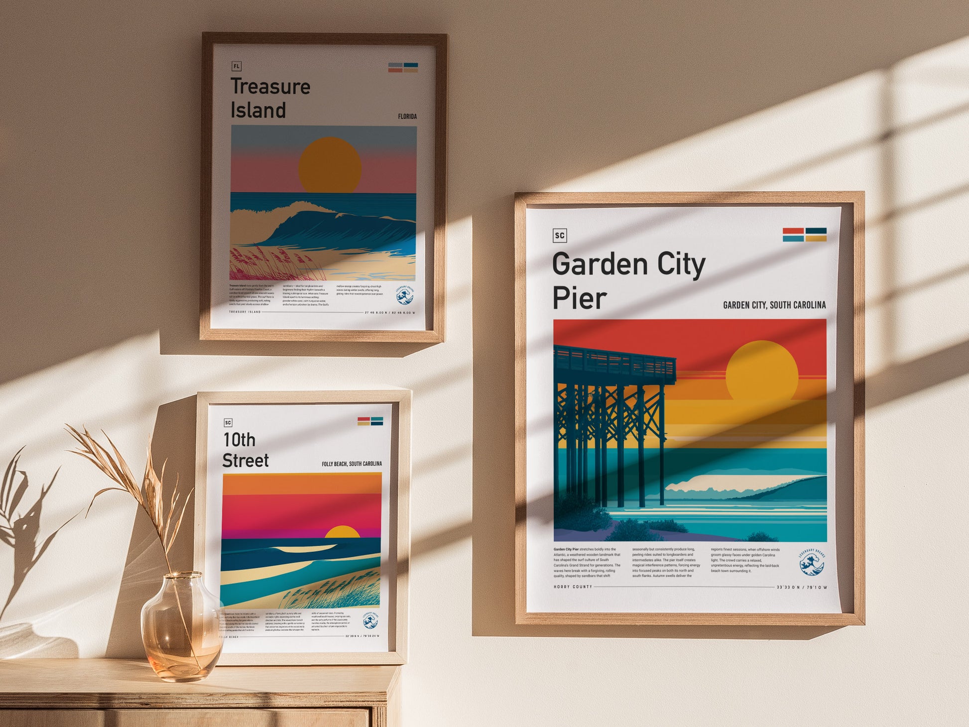 Garden City Pier, Garden City, South Carolina Poster | Surf Waves & Coastal Pier Wall Art — styled in a modern interior