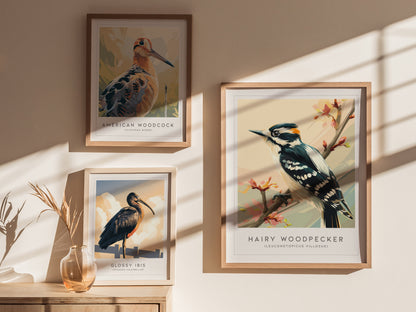 Hairy Woodpecker Poster | Bold Forest Bird Illustration Wall Art — styled in a modern interior