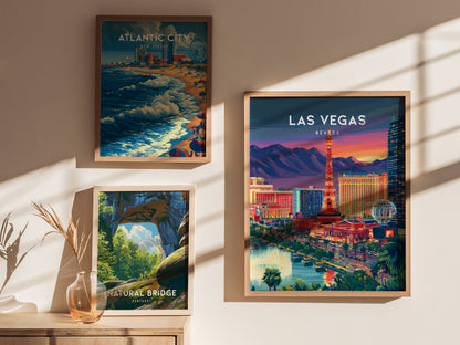 Las Vegas, Nevada Poster | Neon Lights & Desert Skyline Wall Art — styled in a modern interior