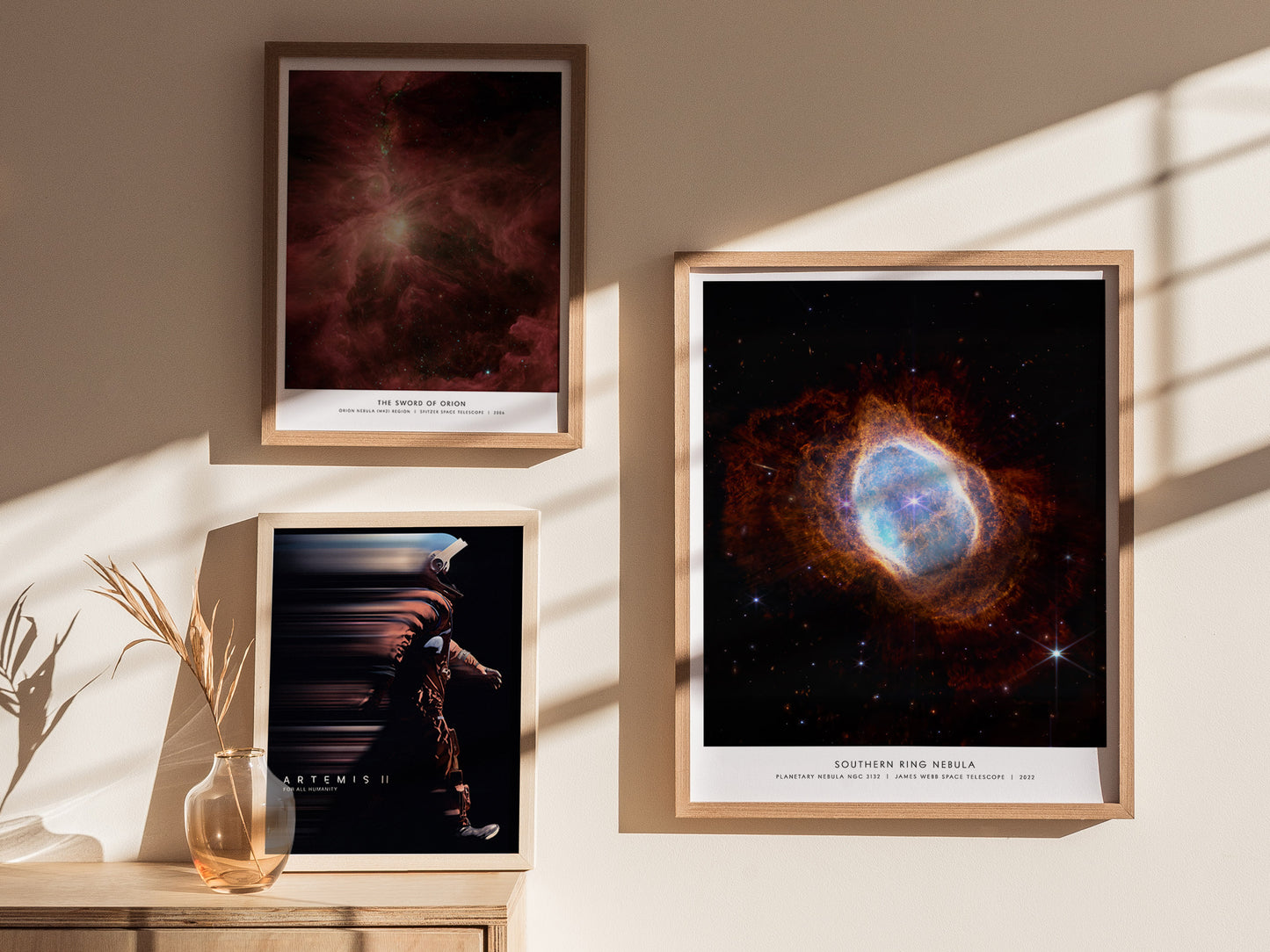 Gallery wall featuring the Southern Ring Nebula poster paired with other James Webb and NASA space prints