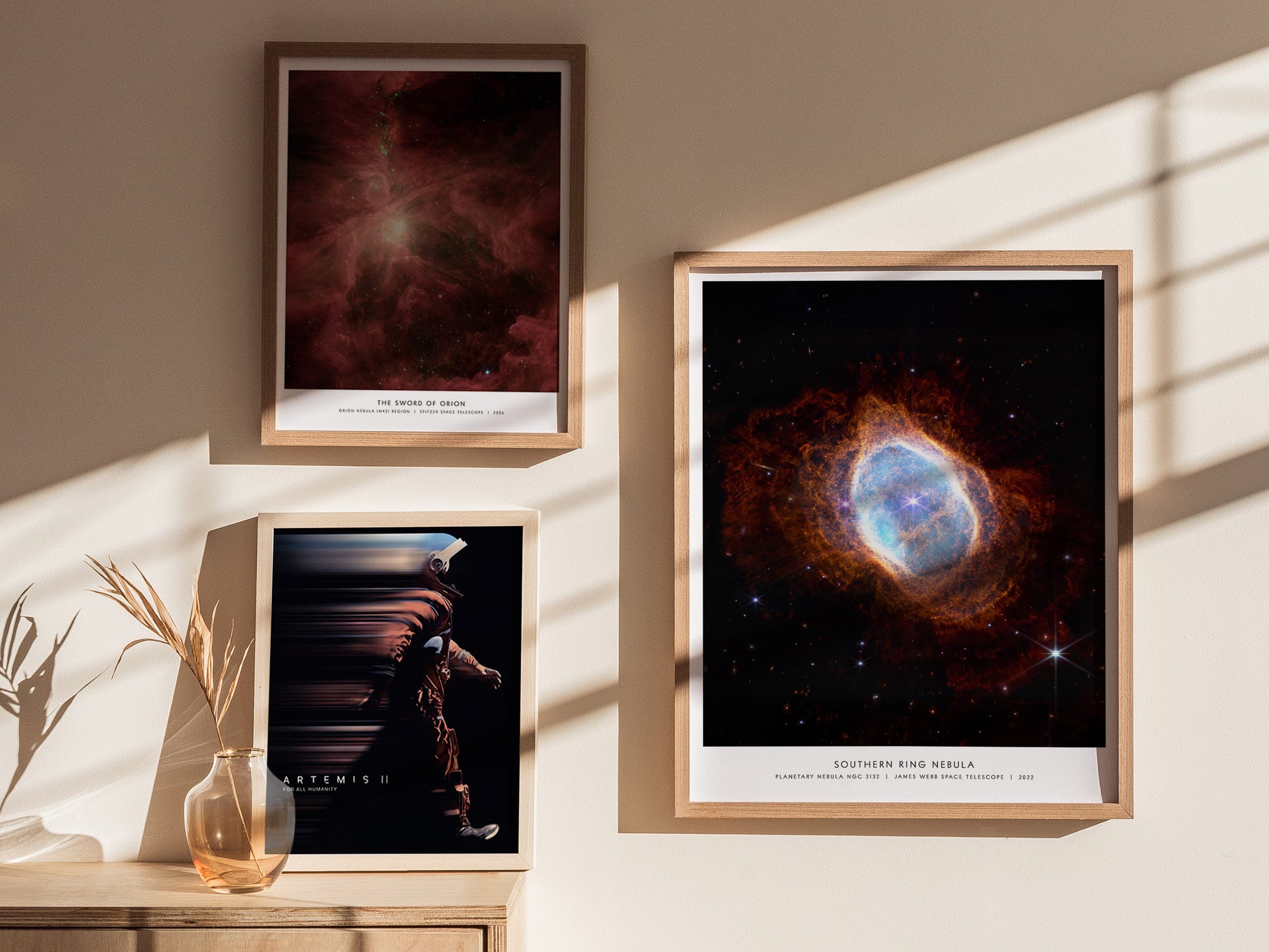 Gallery wall featuring the Southern Ring Nebula poster paired with other James Webb and NASA space prints