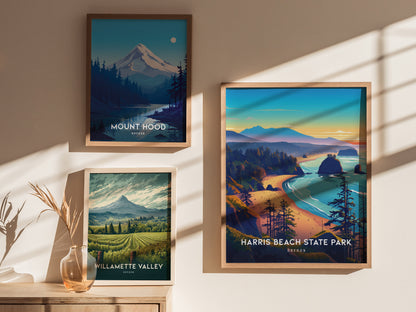 Three framed posters hang on a wall, depicting Mount Hood, Willamette Valley, and Harris Beach State Park, Oregon, with sunlight casting shadows across the artwork.