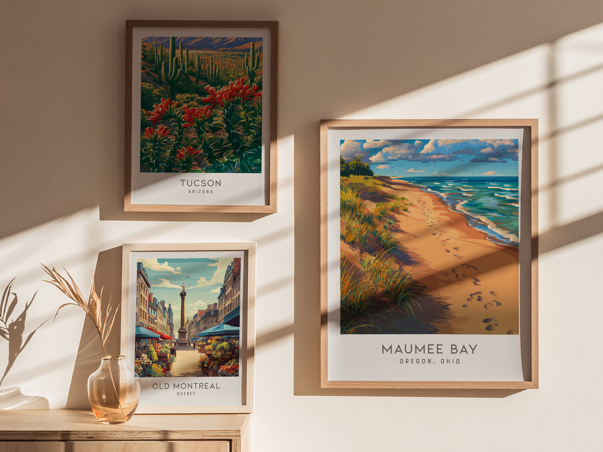 Maumee Bay Matte Border Poster | Oregon, Ohio Coastal Beach Decor Travel Wall Art — styled in a modern interior
