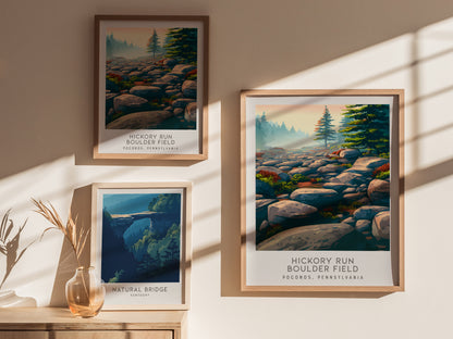 Hickory Run Boulder Field Matte Border Poster | Poconos, Pennsylvania Travel Wall Art — styled in a modern interior