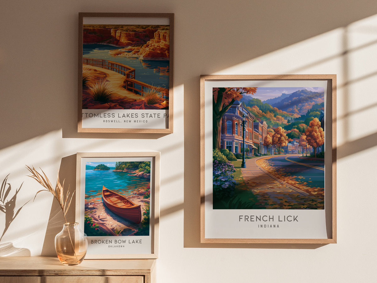 French Lick Matte Border Poster | Indiana Destination Print Travel Wall Art — styled in a modern interior