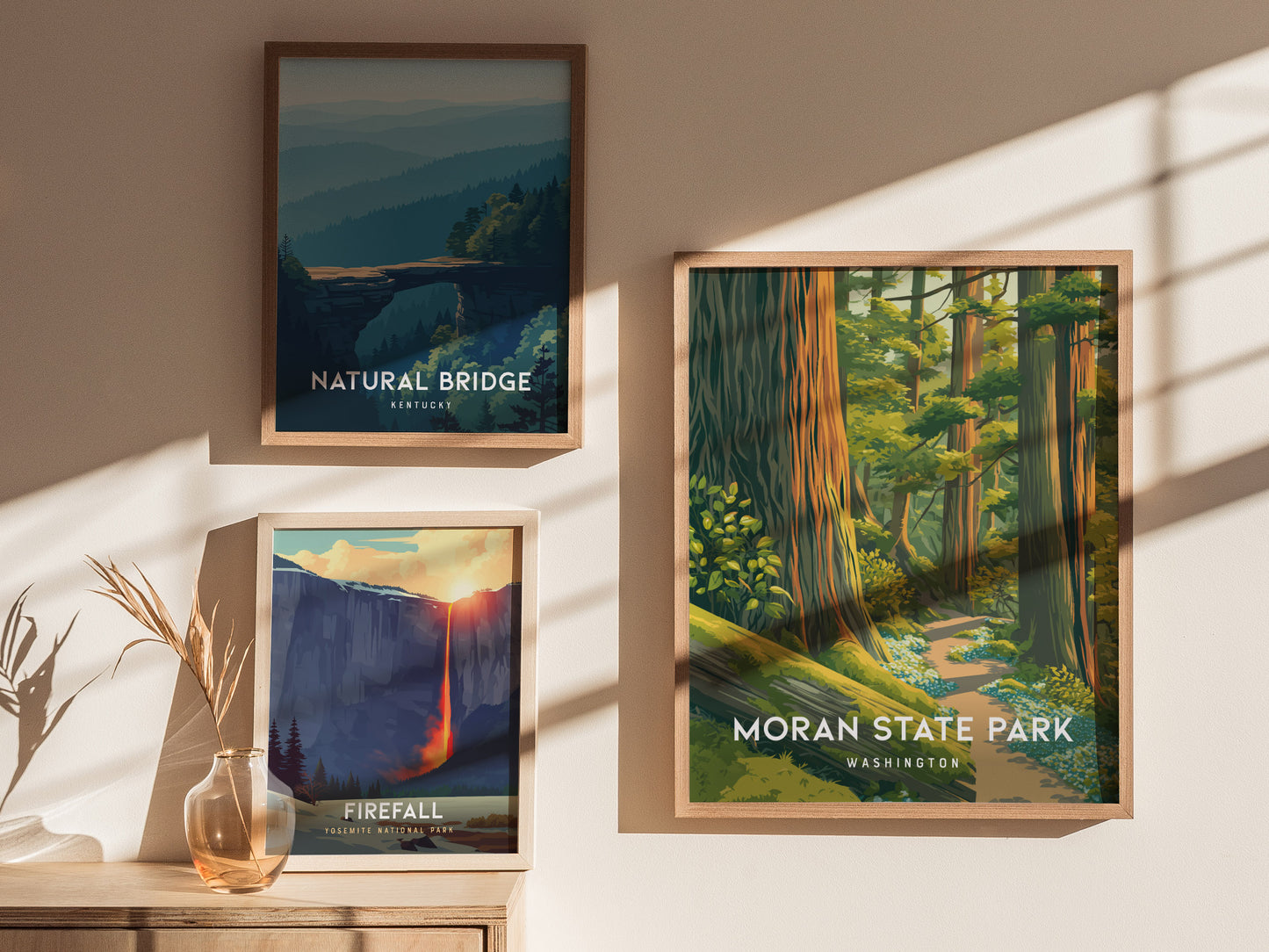 Moran State Park, Washington Poster | Mountain Lake & Evergreen Forest Wall Art — styled in a modern interior