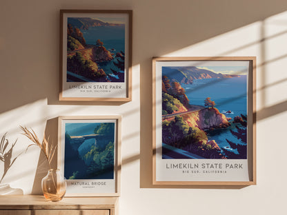 Limekiln State Park Matte Border Poster | Big Sur, California Travel Wall Art — styled in a modern interior