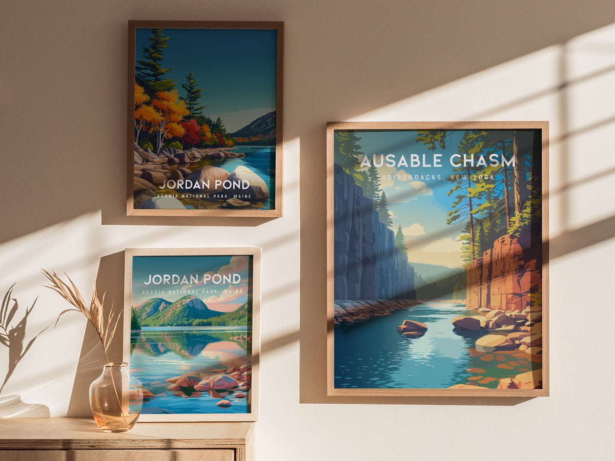 Ausable Chasm, Adirondacks, New York Poster | Gorge & Waterfall Vacation Wall Art — styled in a modern interior