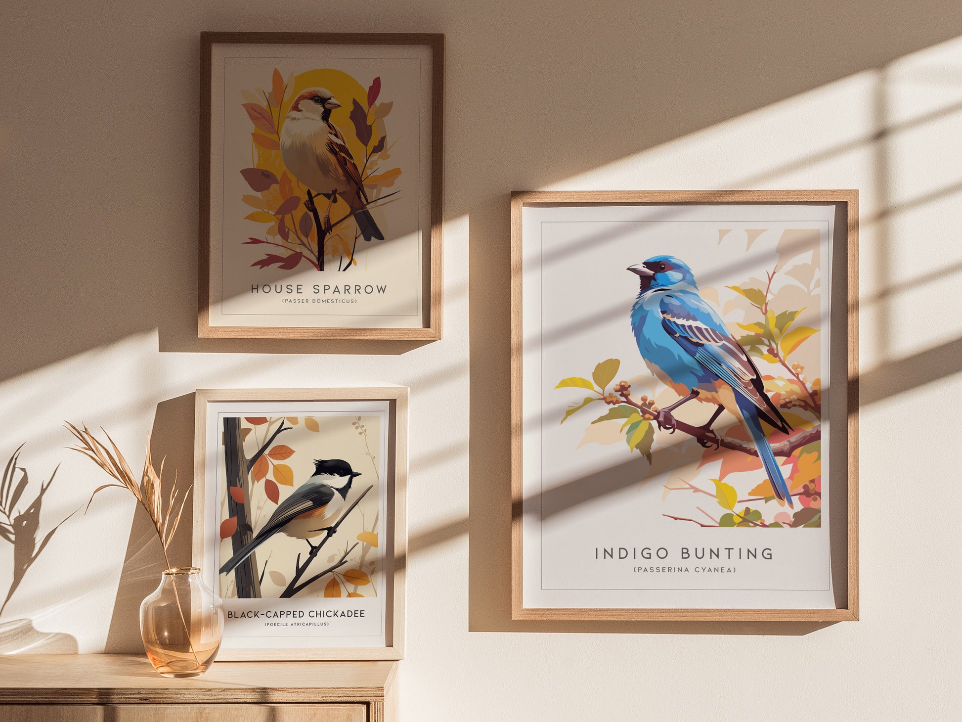 Vibrant Indigo Bunting art print by Swell Scenes, showcasing a blue bird perched on a branch, perfect for nature lovers and wildlife art decor.