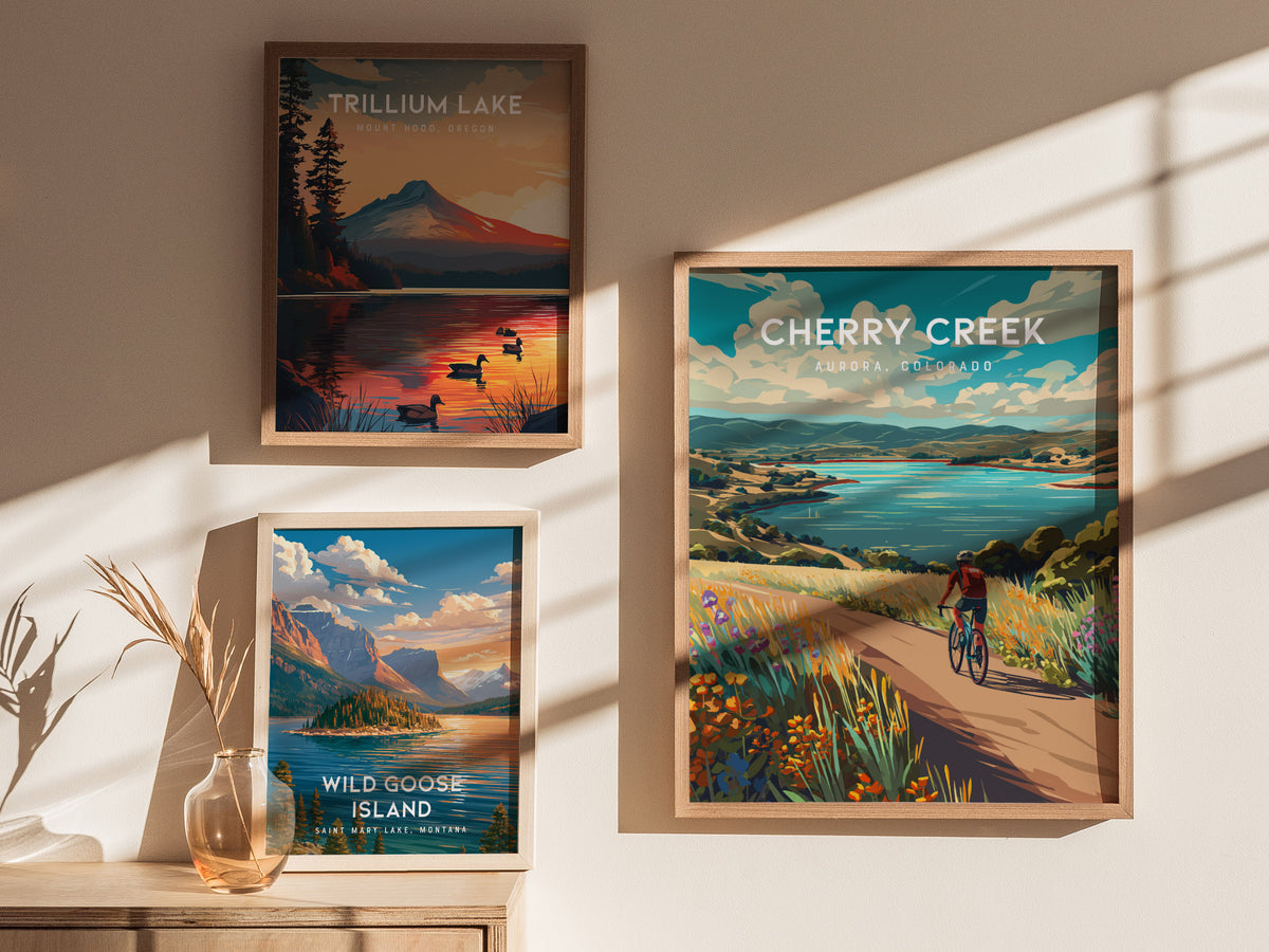 Cherry Creek, Aurora, Colorado Poster | Lakeside Retreat Framed or Unframed Wall Art — styled in a modern interior
