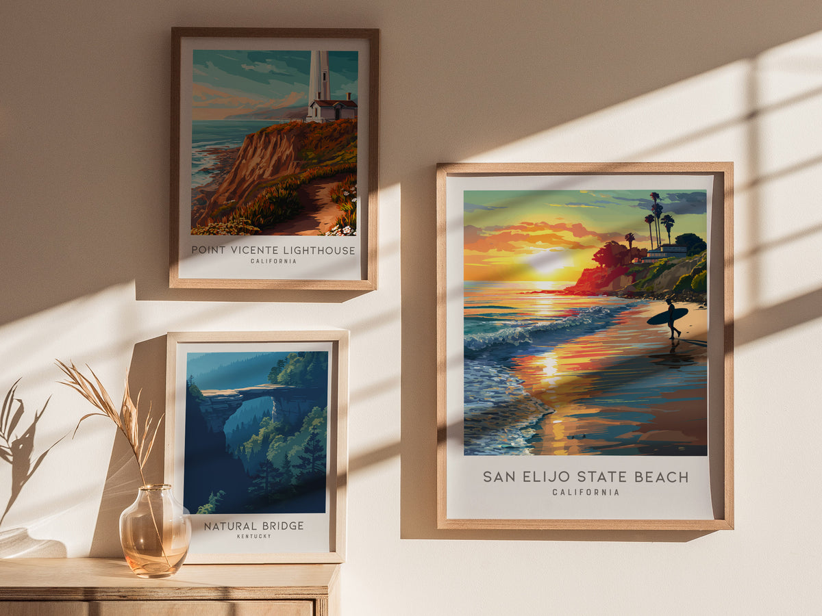 San Elijo State Beach Matte Border Poster | California Travel Wall Art — styled in a modern interior