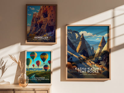 Vintage travel art print showcasing Kasha-Katuwe Tent Rocks, featuring iconic cone formations in warm earth tones and deep blue skies.