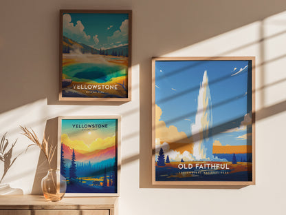 Three framed posters depicting Yellowstone National Park are hung on a sunlit wall. Each poster showcases vibrant landscapes, including Old Faithfuls eruption, colorful geysers, and mountain scenes.
