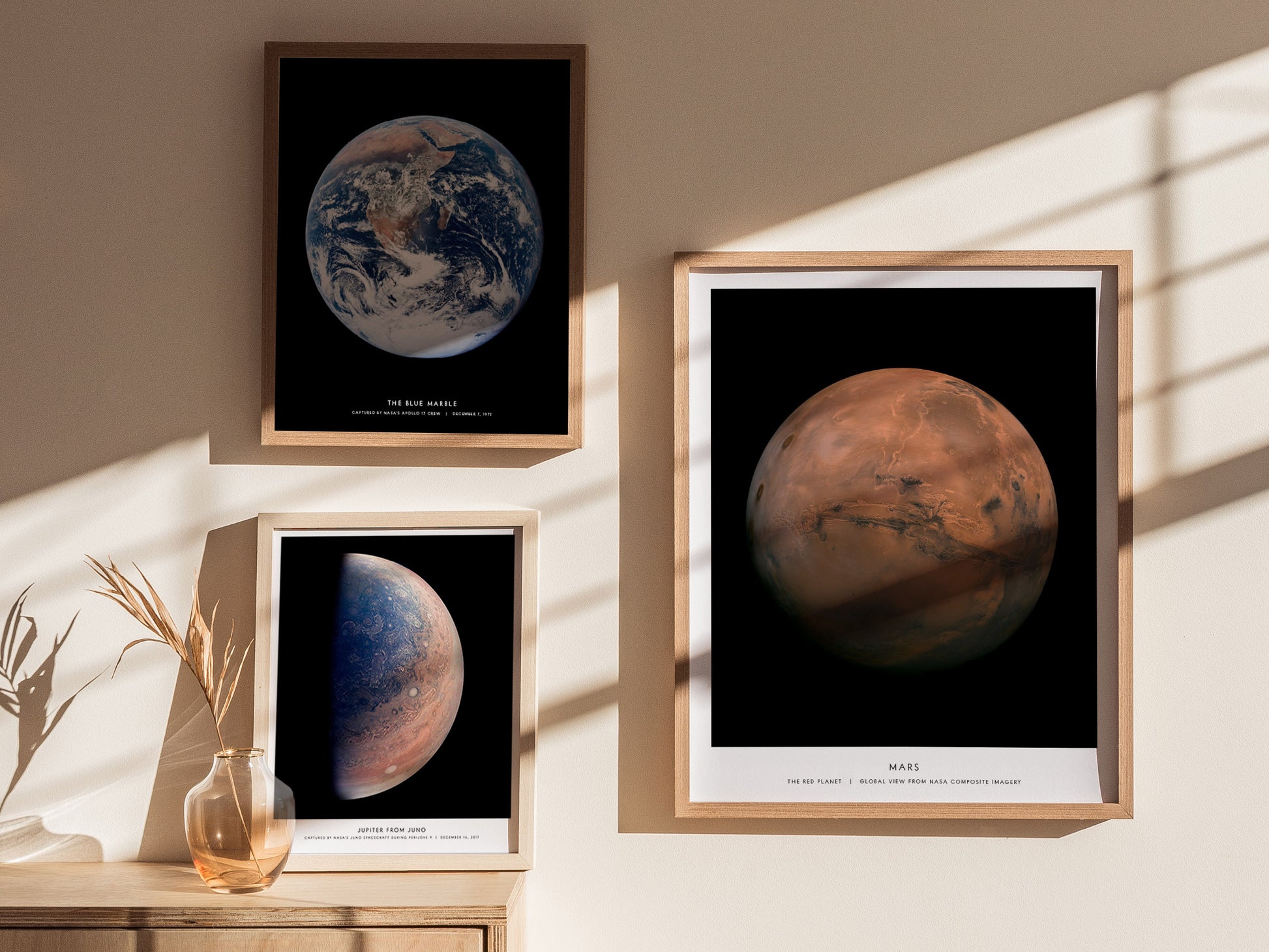 Gallery wall featuring the Mars NASA poster paired with Moon and Jupiter space prints