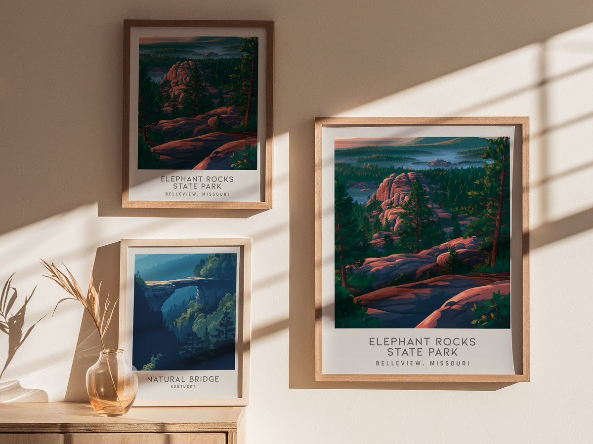 Elephant Rocks State Park Matte Border Poster | Belleview, Missouri Destination Print — styled in a modern interior