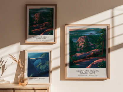 Elephant Rocks State Park Matte Border Poster | Belleview, Missouri Destination Print — styled in a modern interior