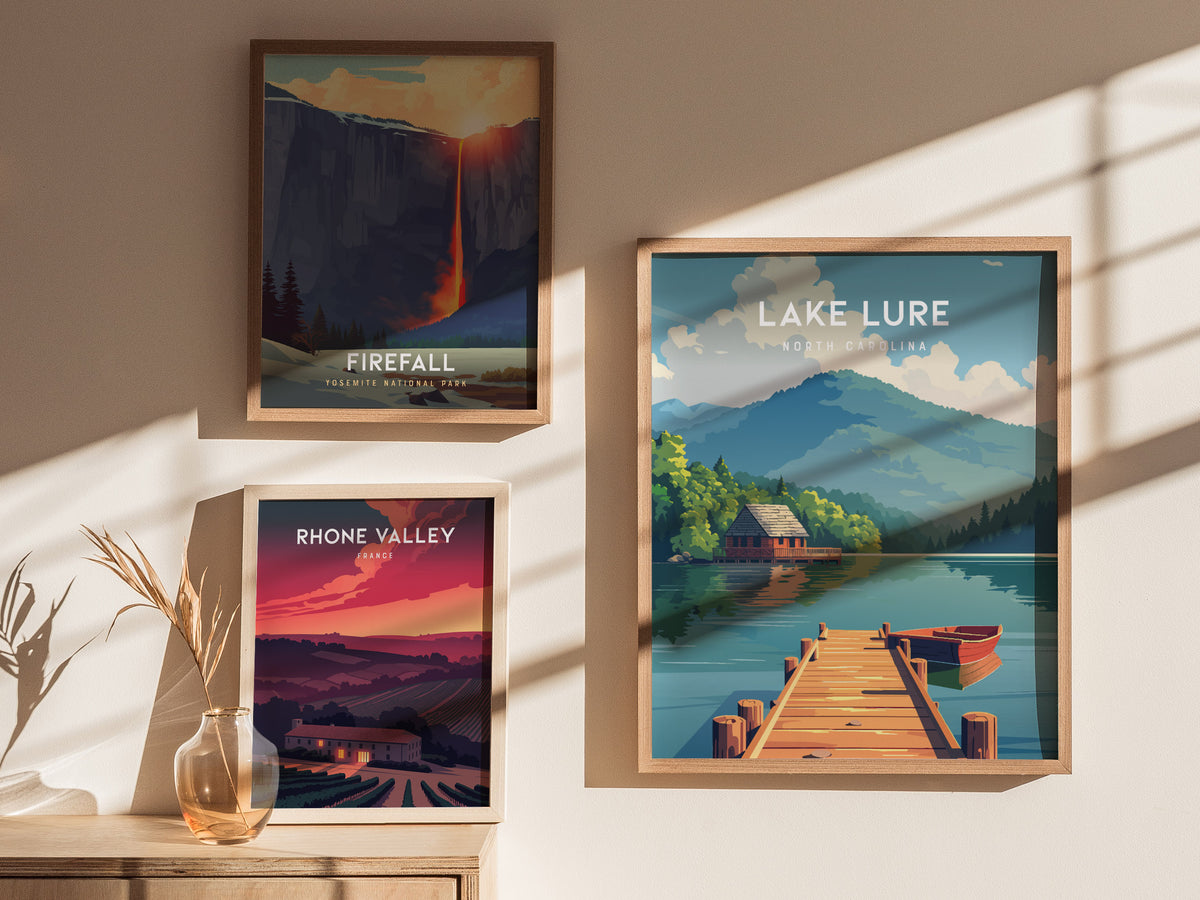 Lake Lure, North Carolina Poster | Mountain Lake Destination Print Wall Art — styled in a modern interior