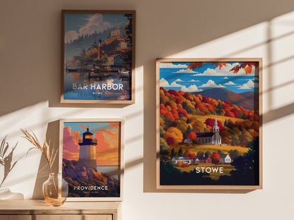 Three framed posters are displayed on a beige wall. The posters depict Bar Harbor, a lighthouse at sunset labeled Providence, and a white church surrounded by vibrant autumn foliage in.