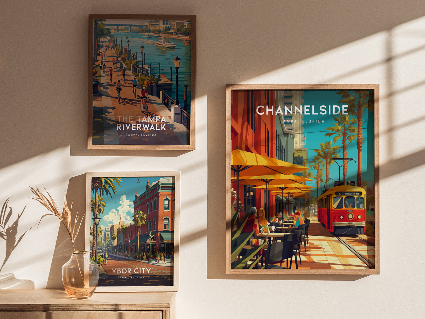 Three framed posters adorn a sunlit wall, showcasing vibrant Tampa scenes: Channelside with a trolley, Tampa Riverwalk, and Ybor City, enhancing the rooms decor with Florida city art.