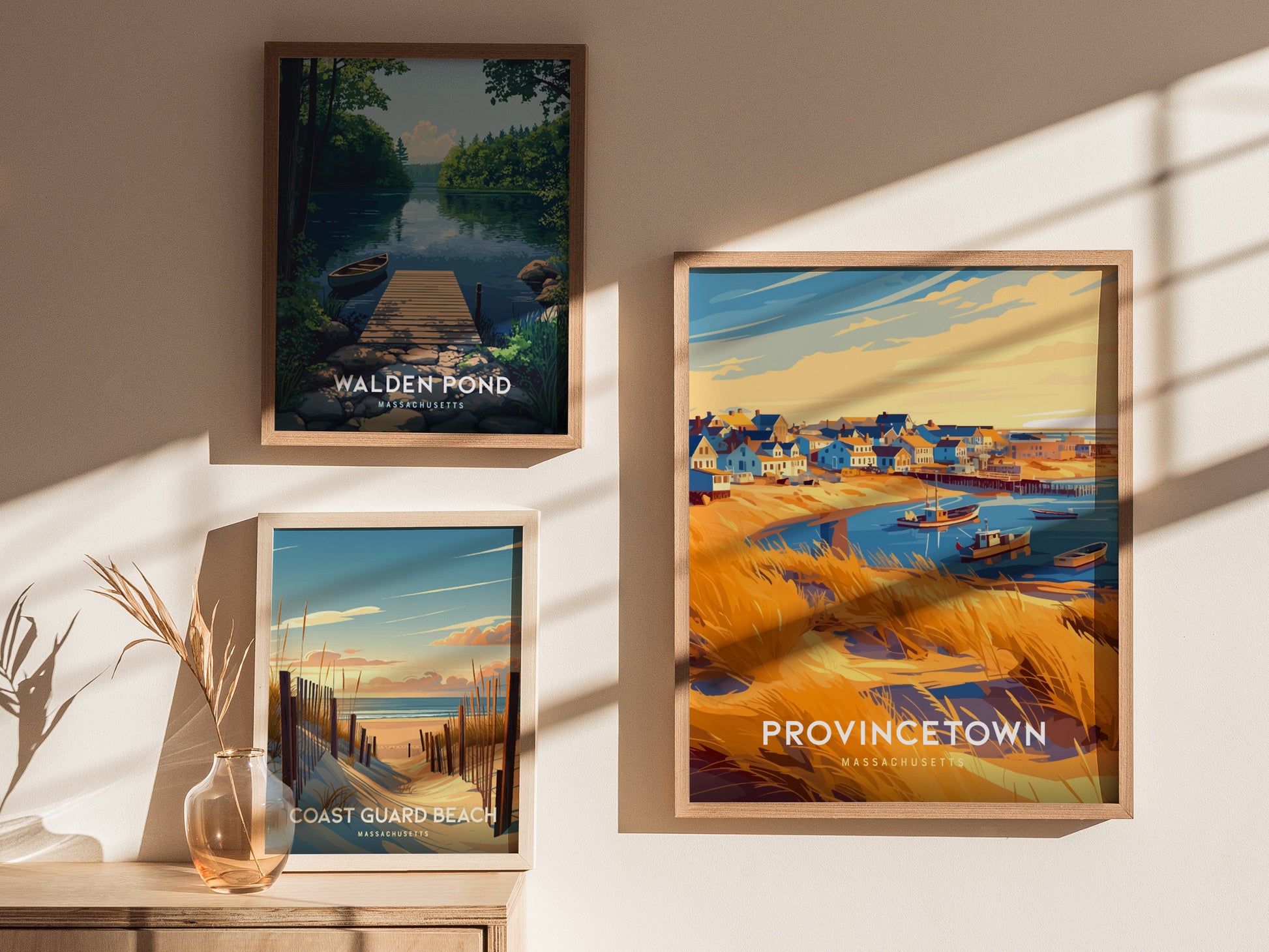 Vibrant Provincetown coastal art print showcasing a sunny harbor scene with colorful houses, boats, and dune grasses.