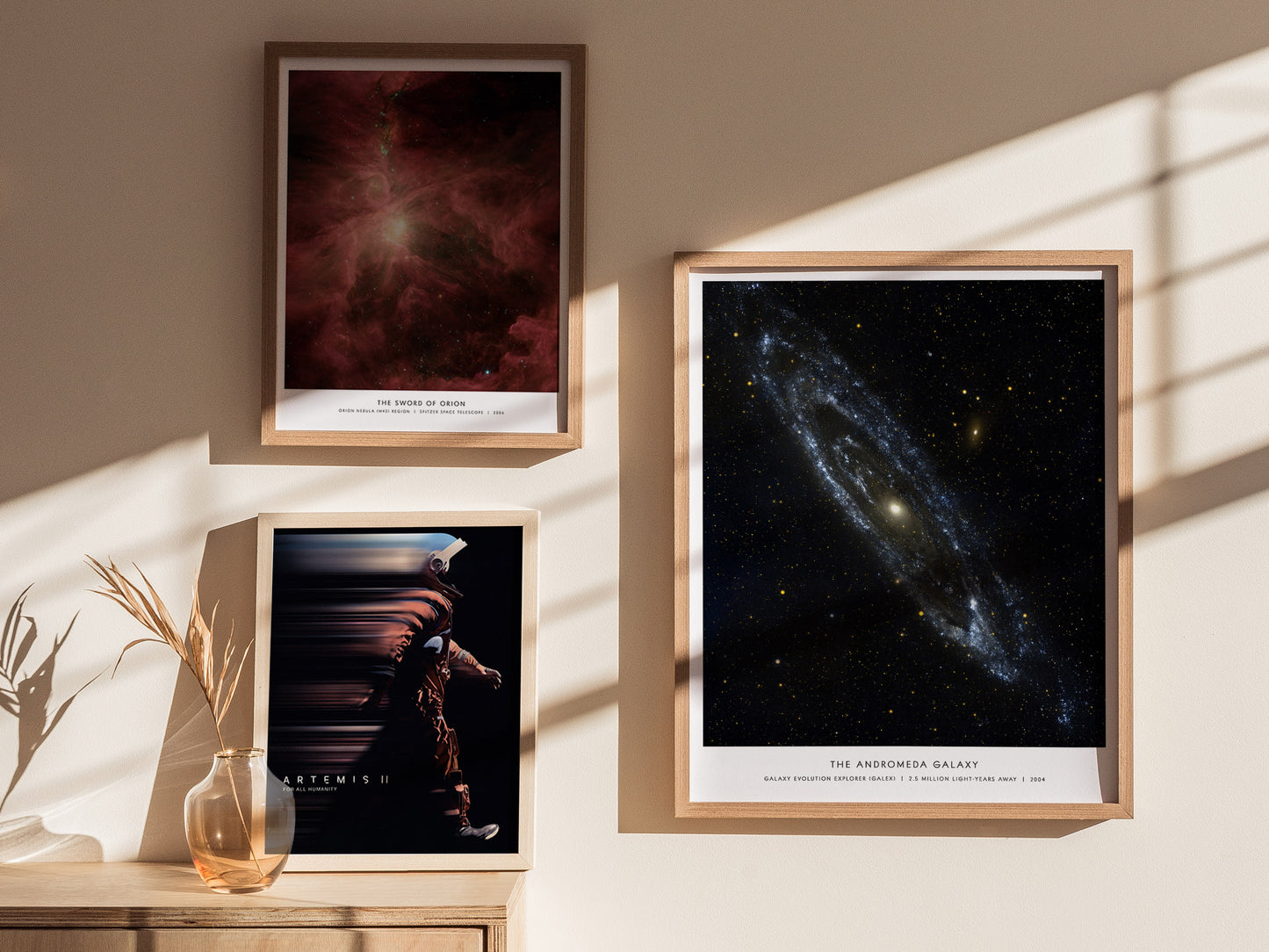 Gallery wall featuring the Andromeda Galaxy poster paired with other NASA deep space prints