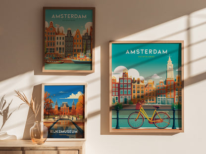 Stylized Amsterdam canal houses and bicycle poster, featuring vibrant colors and modern design, perfect travel art for décor.