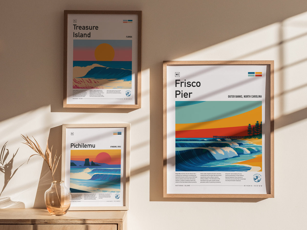 Frisco Pier, Outer Banks, North Carolina Poster | Surf Wall Art & Beach House Decor — styled in a modern interior