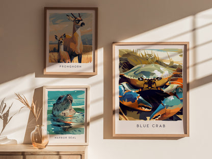 Blue Crab, Callinectes sapidus Poster | Coastal Wildlife Wall Art — styled in a modern interior