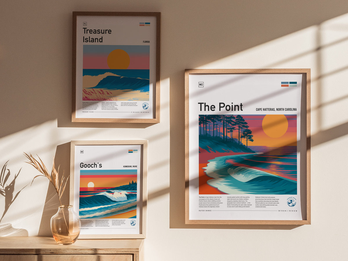 The Point, Cape Hatteras, North Carolina Poster | Surf Wall Art Beach House Decor — styled in a modern interior