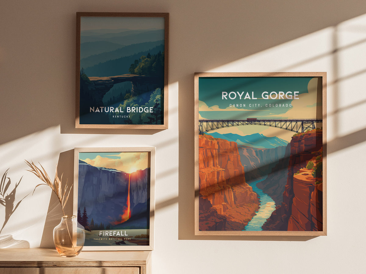Royal Gorge, Canon City, Colorado Poster | Dramatic Canyon Bridge Destination Print Wall Art — styled in a modern interior