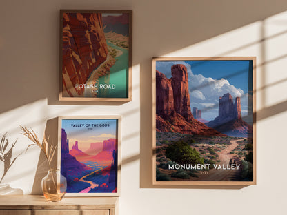 Three framed posters are displayed on a wall, showcasing Monument Valley, Potash Road, and Valley of the Gods with vivid desert landscapes. Sunlight casts shadows on the wall.