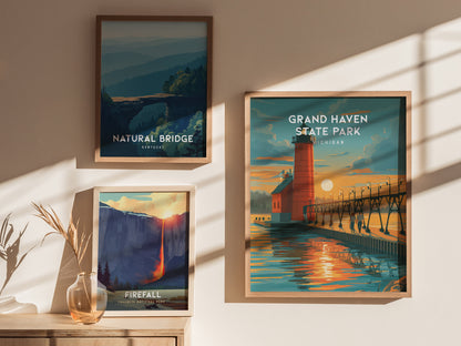 Grand Haven State Park, Michigan Poster | Lighthouse & Pier Beach House Decor Wall Art — styled in a modern interior