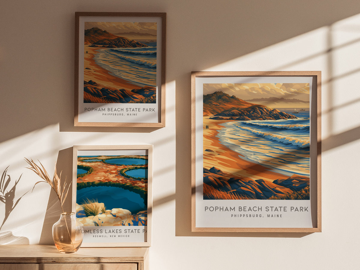 Popham Beach State Park Matte Border Poster | Phippsburg, Maine Coastal Beach Decor — styled in a modern interior