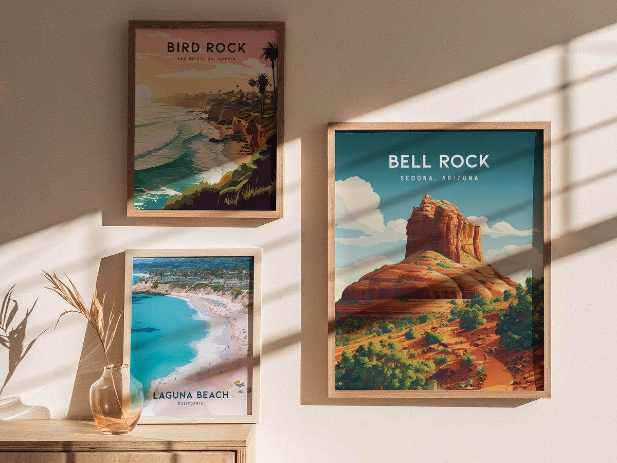 Bell Rock, Sedona, Arizona Poster | Red Rock Desert Destination Print Wall Art — styled in a modern interior
