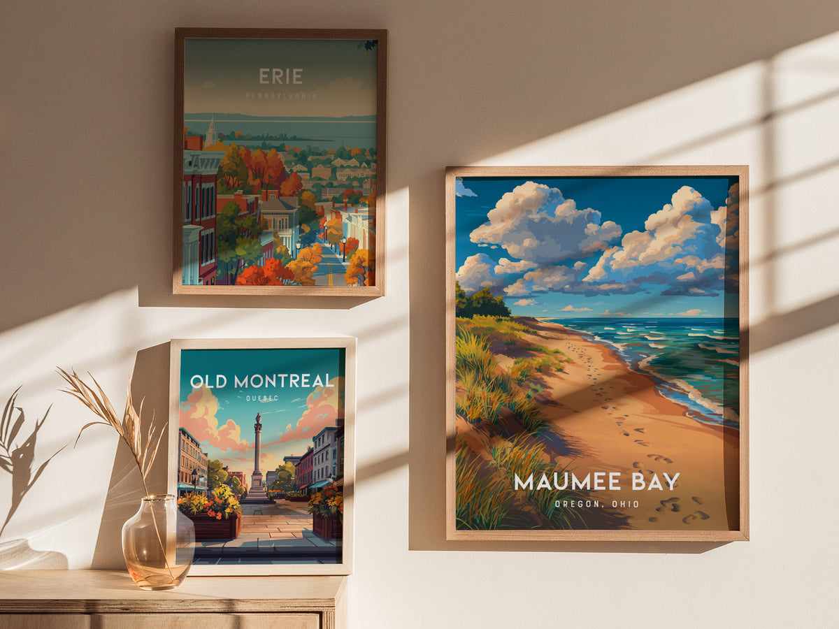 Maumee Bay, Oregon, Ohio Poster | Lakeside Marshland Sunset Wall Art — styled in a modern interior