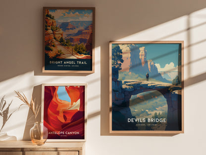 Three framed posters are displayed on a sunlit wall, featuring Bright Angel Trail, Antelope Canyon, and Devils Bridge in Sedona, Arizona, with a vase on a wooden surface.