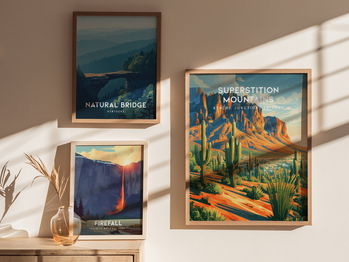 Superstition Mountains, Apache Junction, Arizona Poster | Desert Wilderness Destination Print Wall Art — styled in a modern i