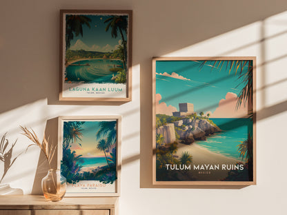 Three framed posters are displayed on a wall, each depicting scenic views of Tulum, Mexico, including the Mayan ruins, a lagoon, and a tropical beach, with natural sunlight casting shadows.