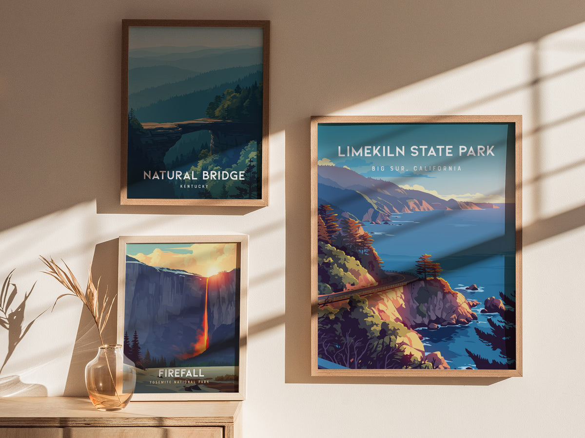 Limekiln State Park, Big Sur, California Poster | Redwoods & Coastal Cliffs Destination Print Wall Art — styled in a modern i
