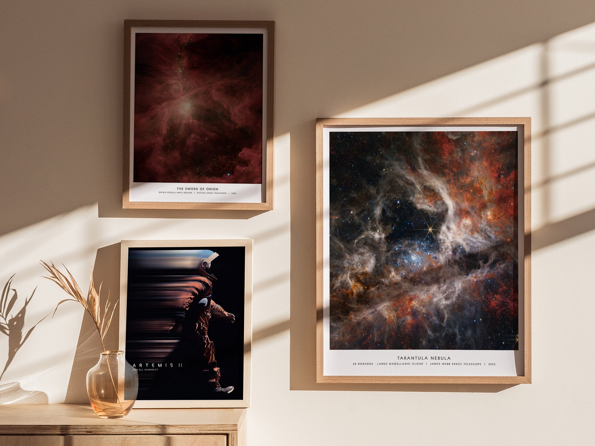 Gallery wall featuring the Tarantula Nebula poster paired with other James Webb and NASA prints