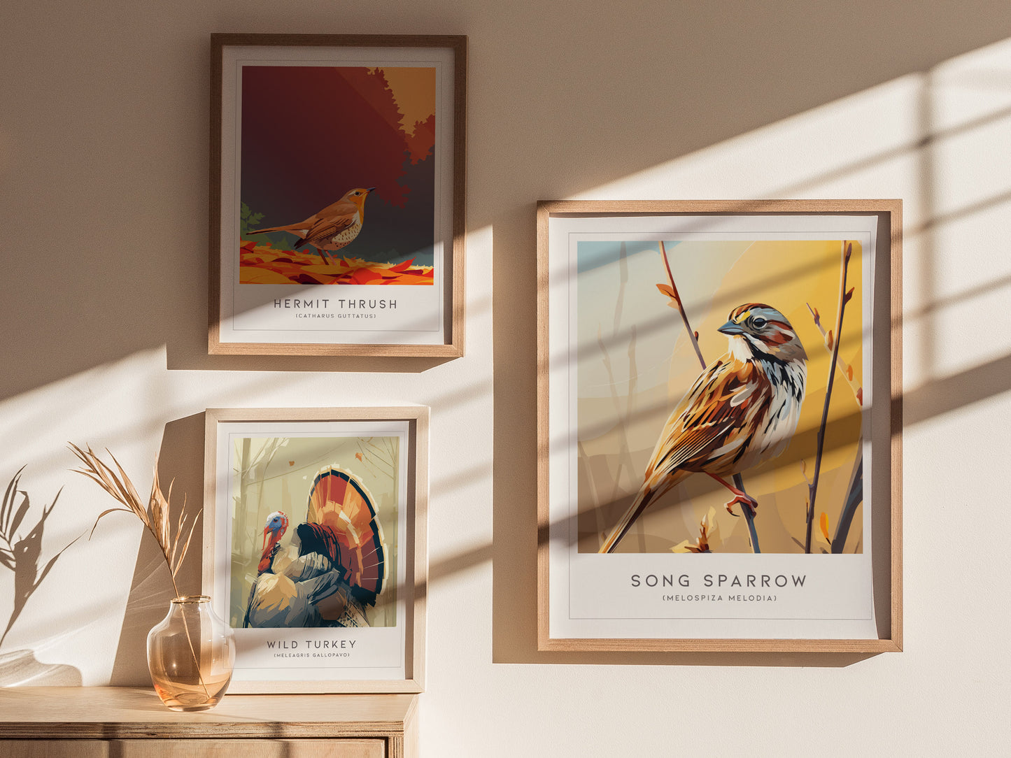 Song Sparrow Poster | Perched Songbird & Wildflower Meadow Wall Art — styled in a modern interior