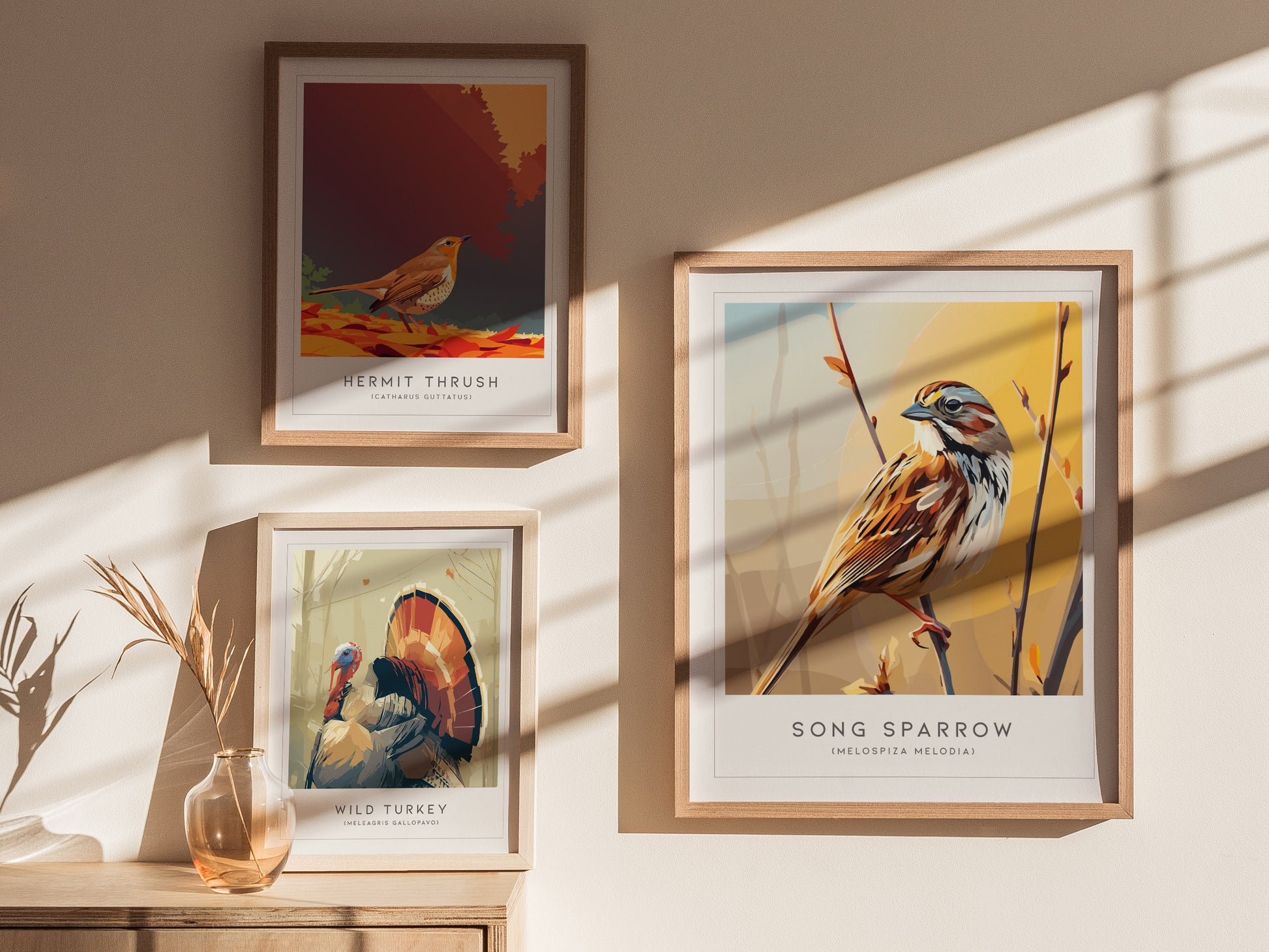 Song Sparrow Poster | Perched Songbird & Wildflower Meadow Wall Art — styled in a modern interior