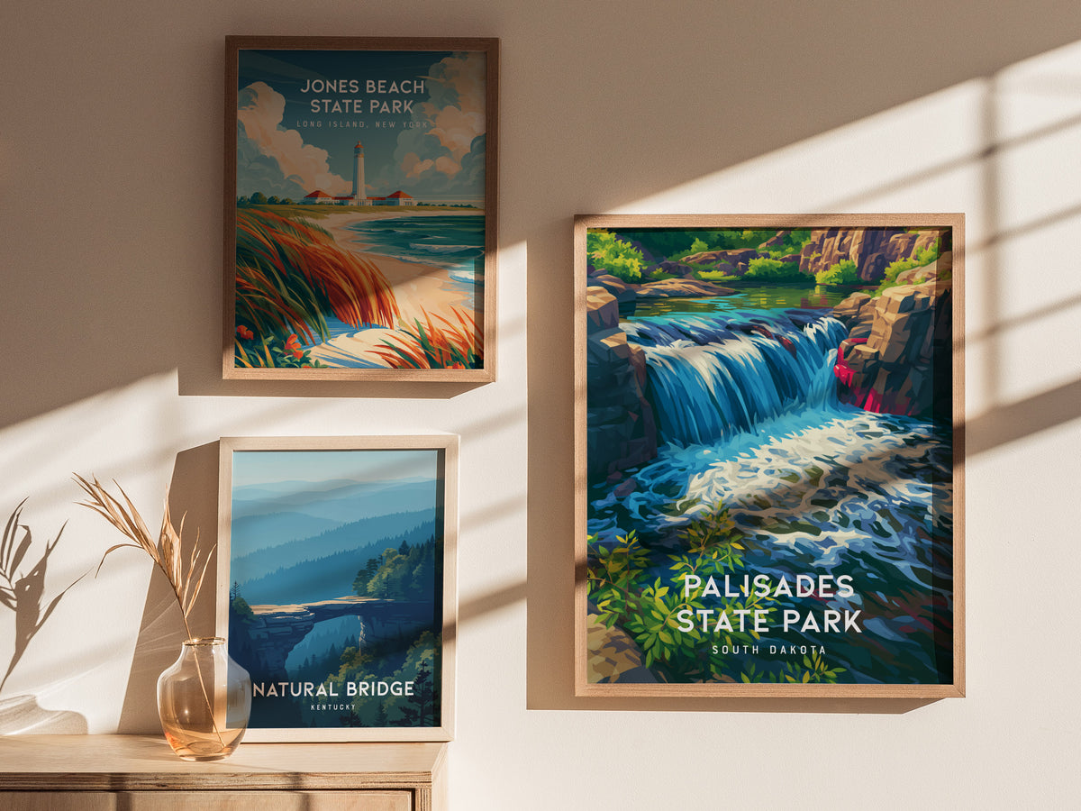 Palisades State Park, South Dakota Poster | Rugged Cliffs & Creek Adventure Wall Art — styled in a modern interior