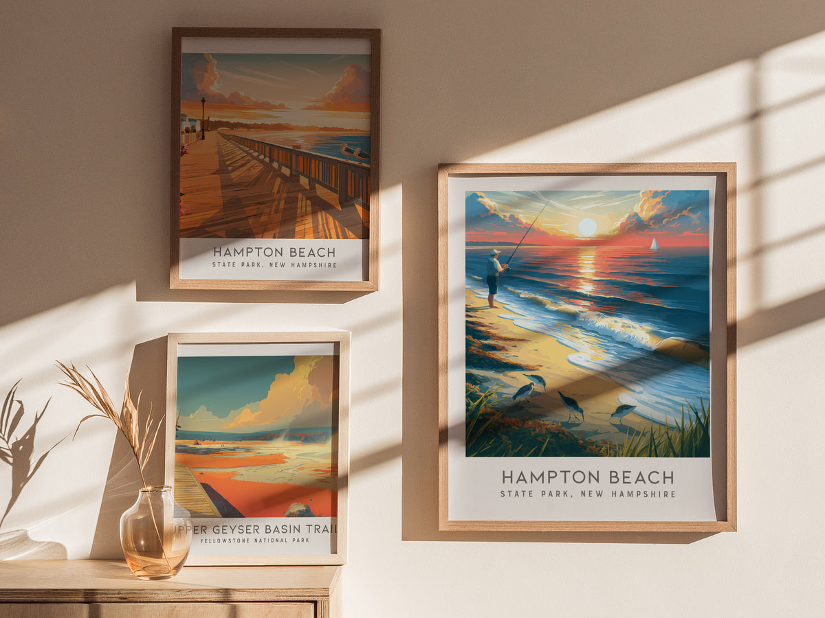 Hampton Beach Matte Border Poster | State Park, New Hampshire Coastal Beach Decor — styled in a modern interior