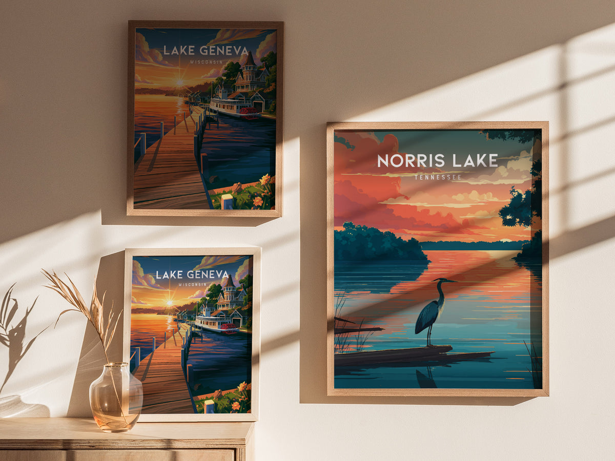 Norris Lake, Tennessee Poster | Lakeside Mountain Retreat Destination Print Wall Art — styled in a modern interior
